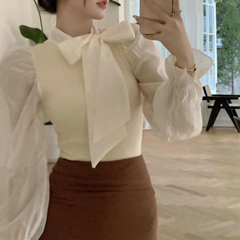 Stand Collar Tie-up Slim-fit Temperament Wild Stitching Shirt