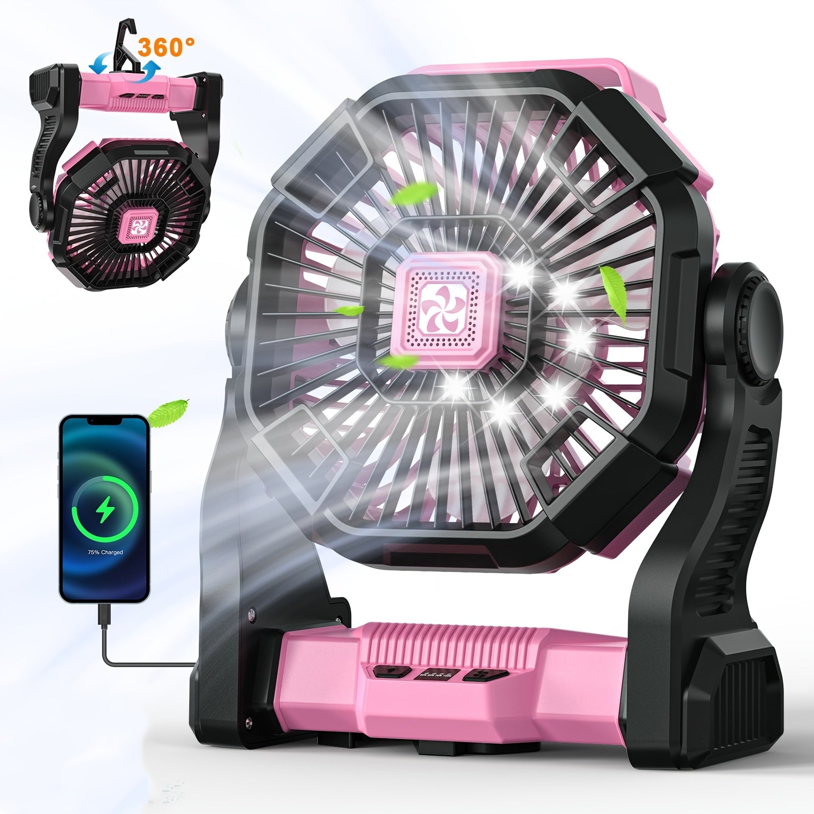 Three-in-One Battery Powered Camping Fan with LED Lantern, Timer and Rotating Base