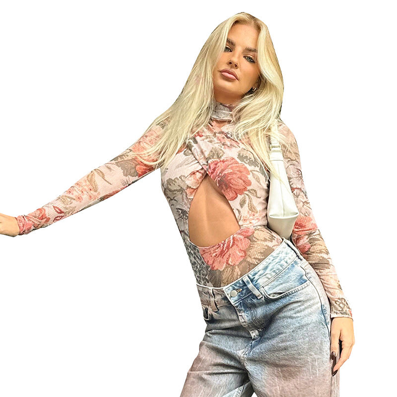 Printed Long Sleeve Round Neck Slim Fit Jumpsuit European And American Style