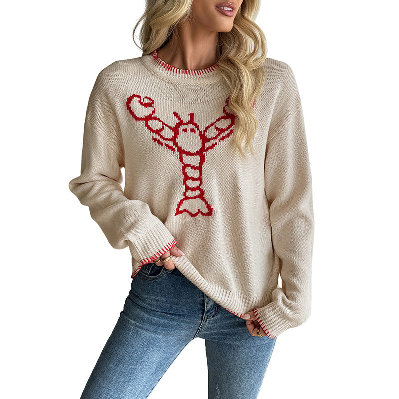 European and American Contrast Color Animal Pattern Crew Neck Pullover Sweater Female