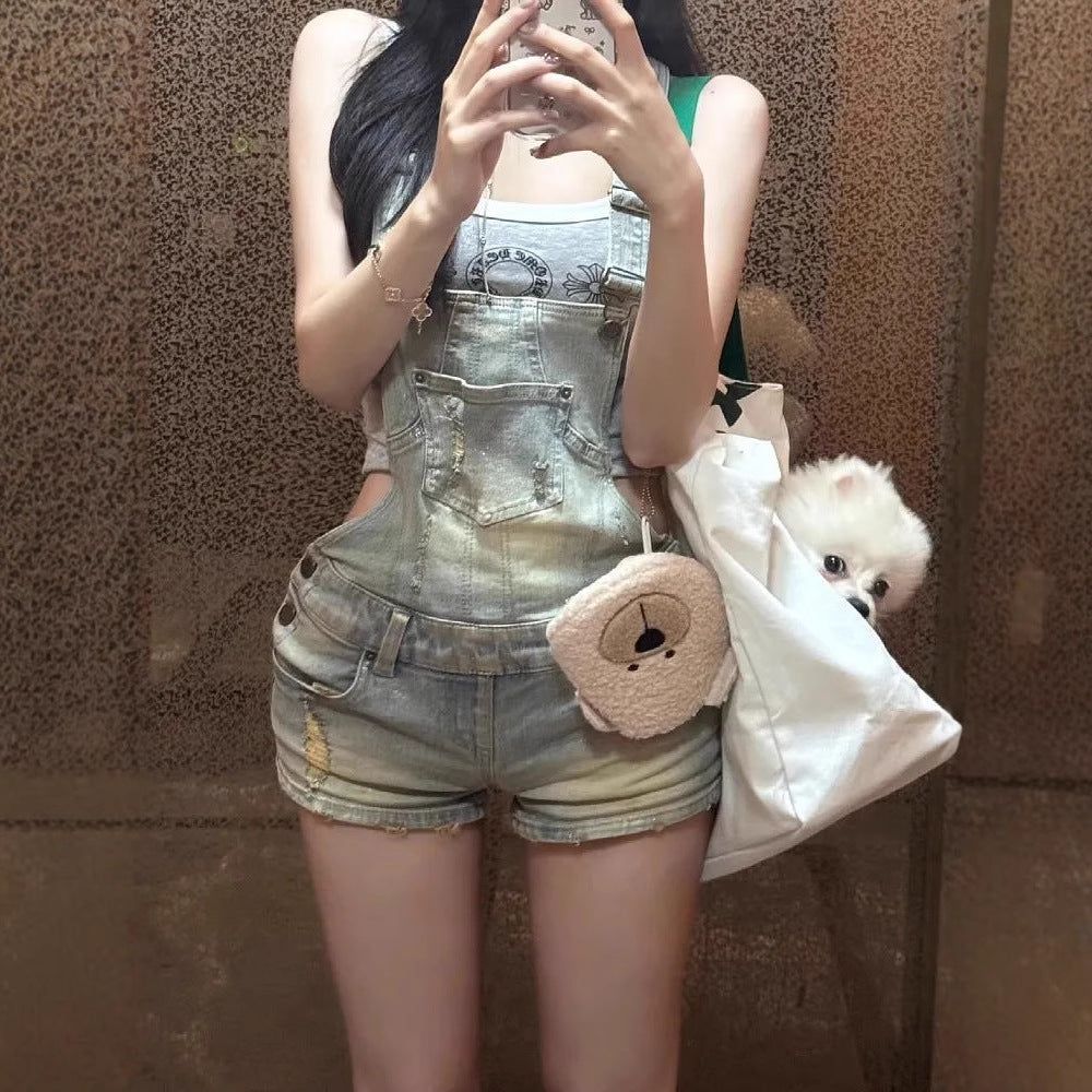 Retro Distressed Washed Ripped Denim Suspender Shorts For Women