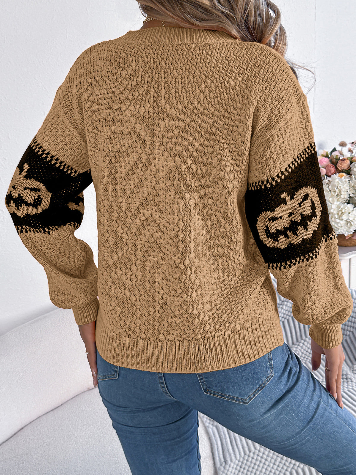 Women Pumpkin Head Color Block Long Sleeve Pullover Sweater