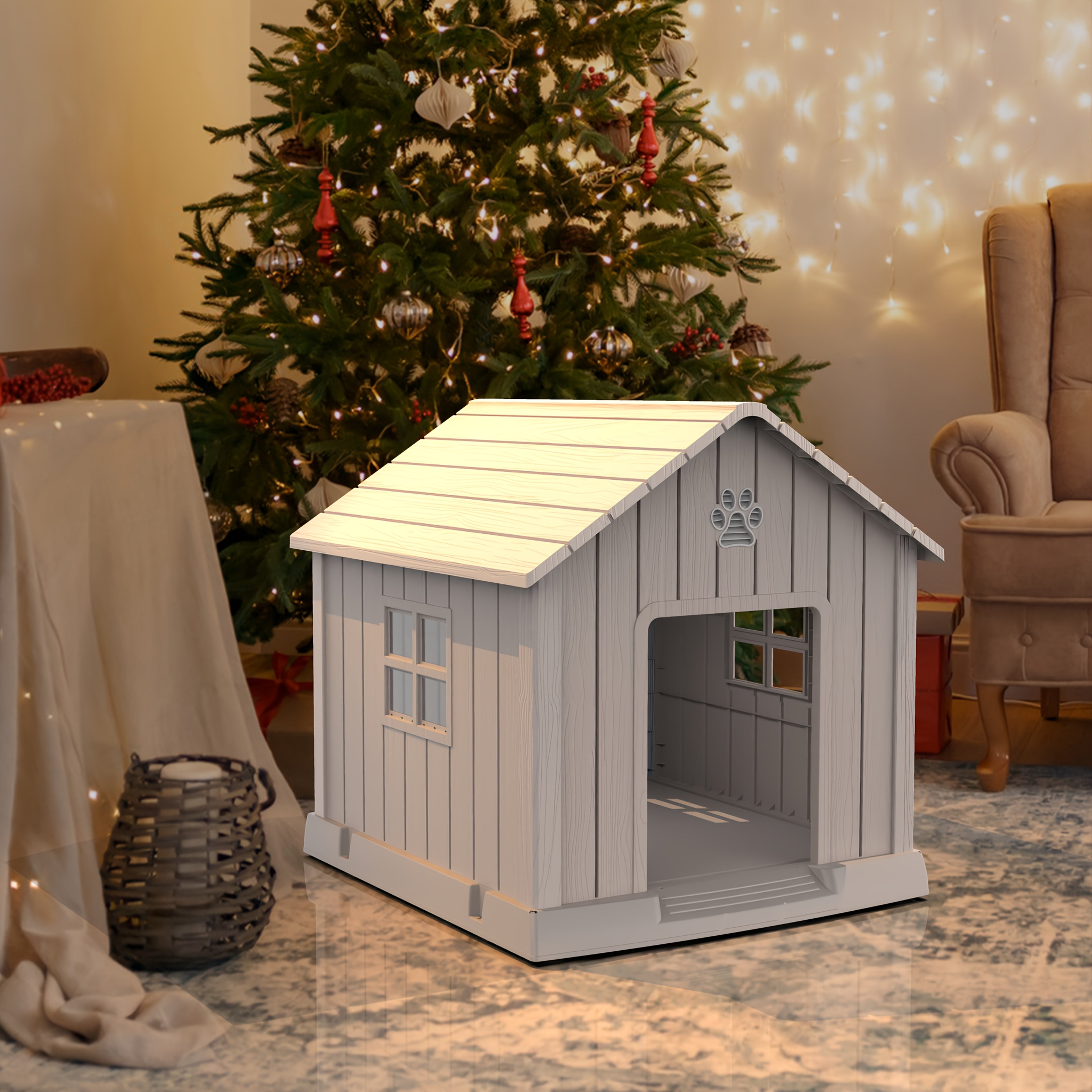 Dog House32- Inch Peaked Roof Dog House For Small To Large Sized Dogs, Weatherproof, Resin Dog House With Raised Floor And Vent, Rain Proof Roof, Easy To Assemble,Outdoor Stray Dog Shelter,Perfect...