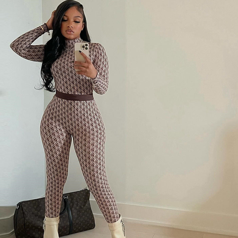 Women's Printed Long Sleeve Fitness Jumpsuit