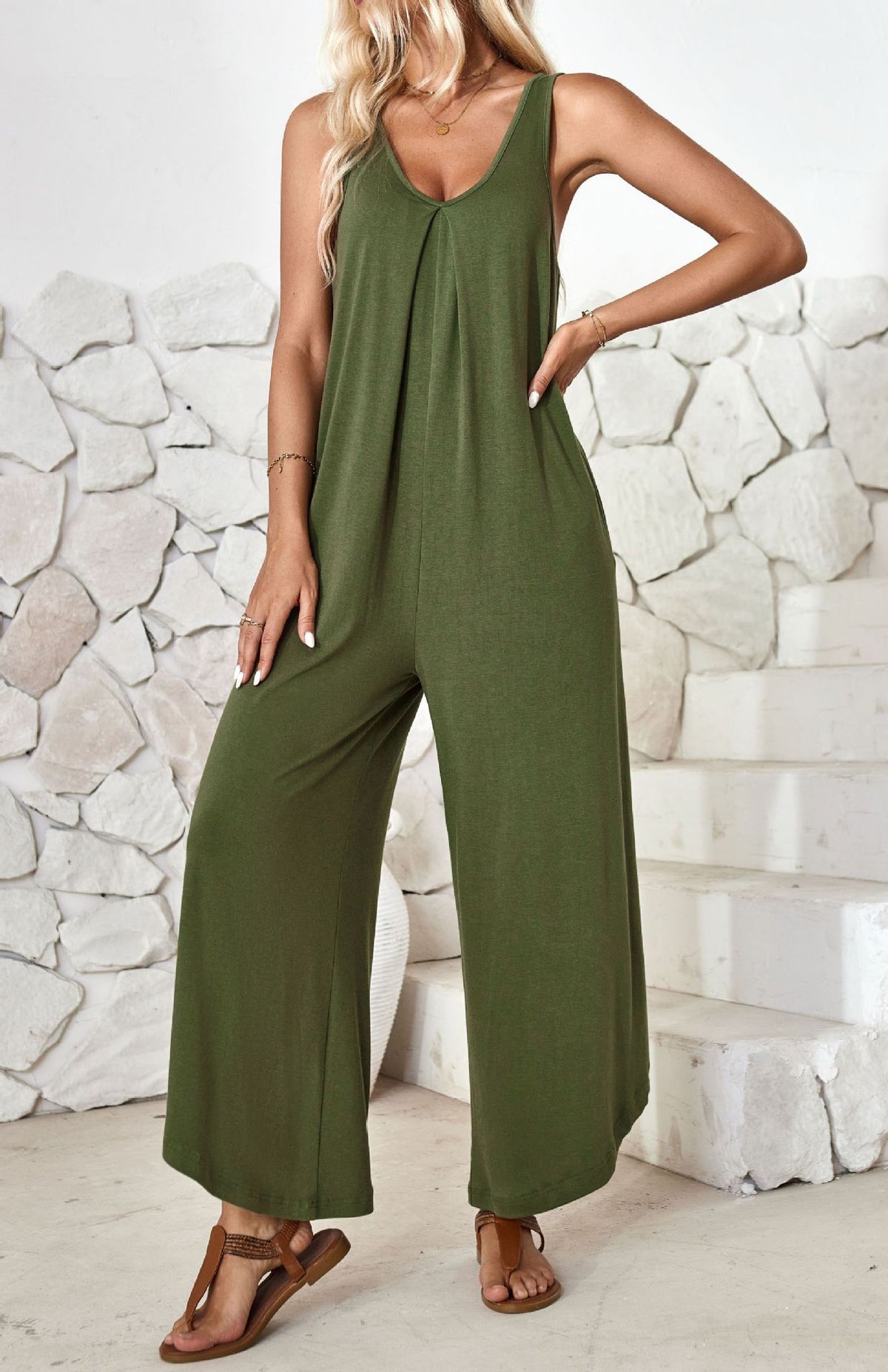 Women's Casual V-Neck Pocket Wide Leg Jumpsuit