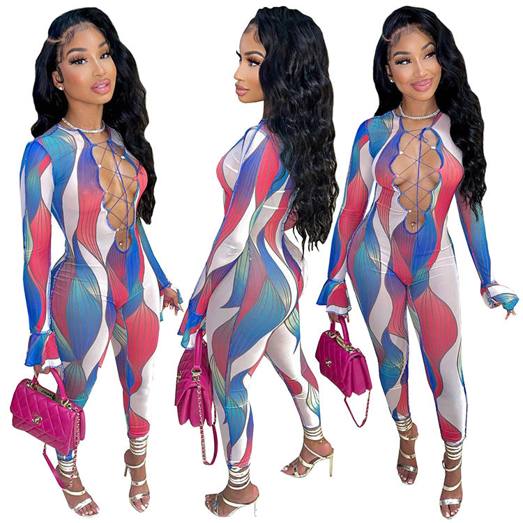 Women's Chic Printed Long-Sleeve Jumpsuit