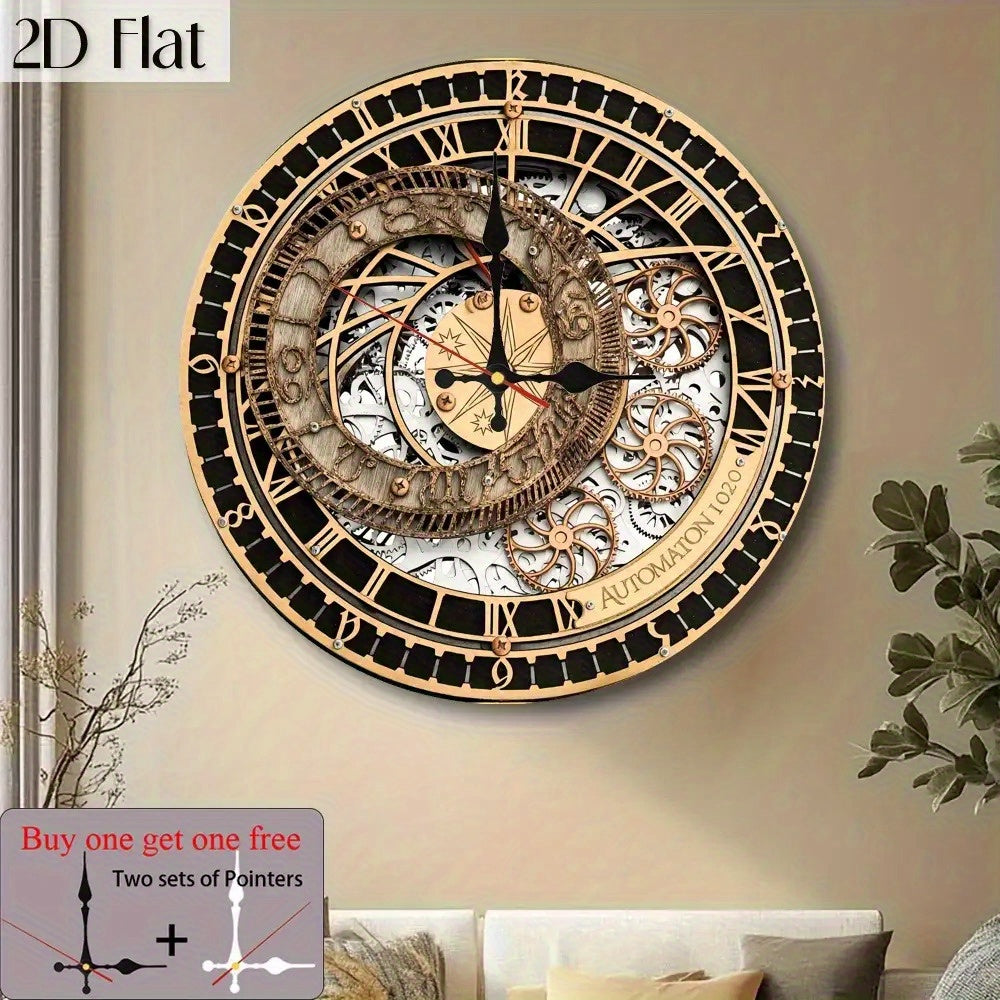 1pc Retro Steampunk Style Wall Clock - Silent Non-Ticking Round Wooden Frame, Black and Golden Mechanical Design with Gears and Roman Numerals, Battery Operated (AA Batteries Not Included) - Home Decoration Gift, Wall Clock Wall Decoration