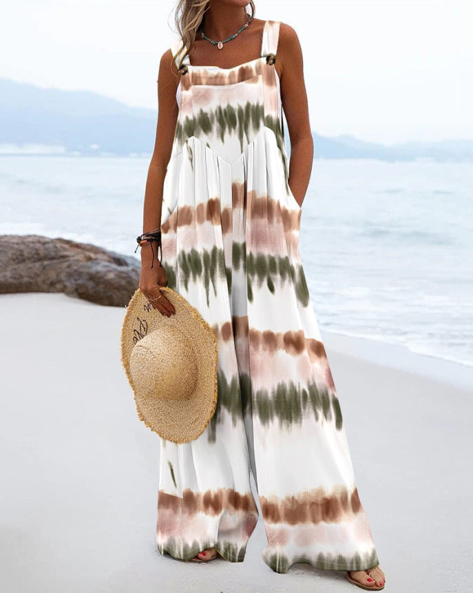 Chic Digital Print Button Romper with Wide Legs