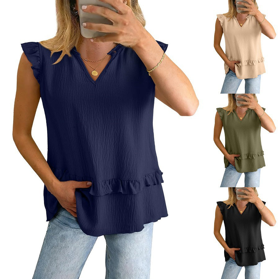 Womens V-Neck Ruffle-Trim Loose Casual Shirt