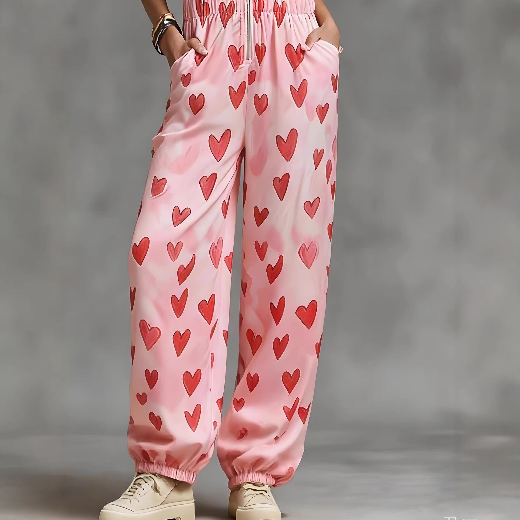 Women's Love Print Casual Sleeveless Jumpsuit