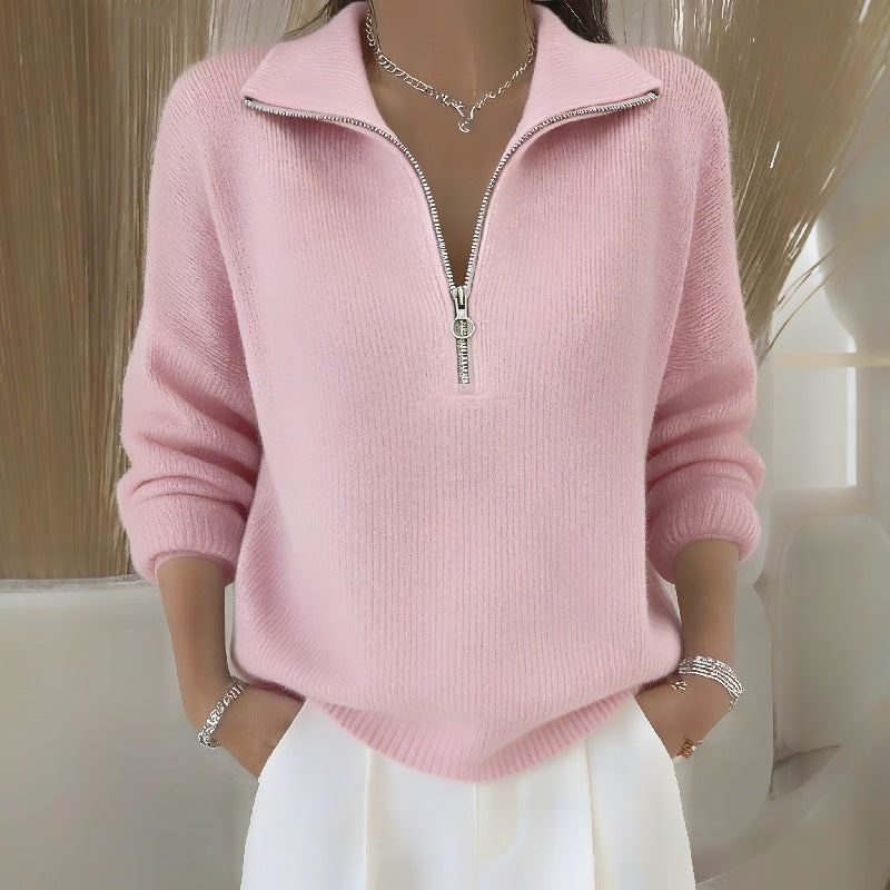 Womens Slimming Casual Fashionable, Versatile Knitted Sweater with a Zippered Lapel