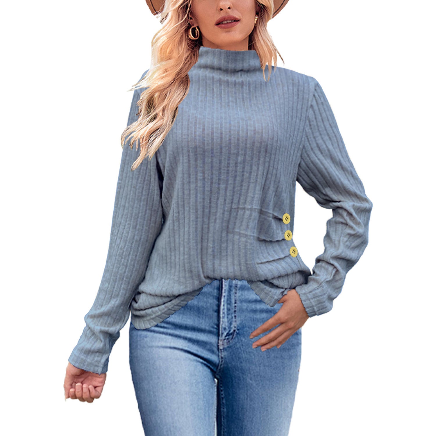 Chic Ribbed Turtleneck Sweater with Side Buttons