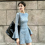 Elegant Waist-cinching Polka-dot Dress with Flared Sleeves