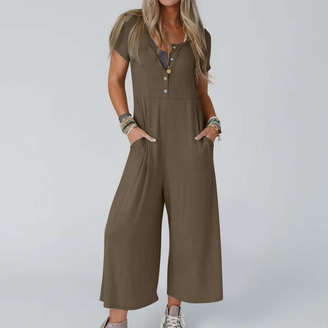 Women's Casual Slim-Fit Short-Sleeve Jumpsuit with Pockets