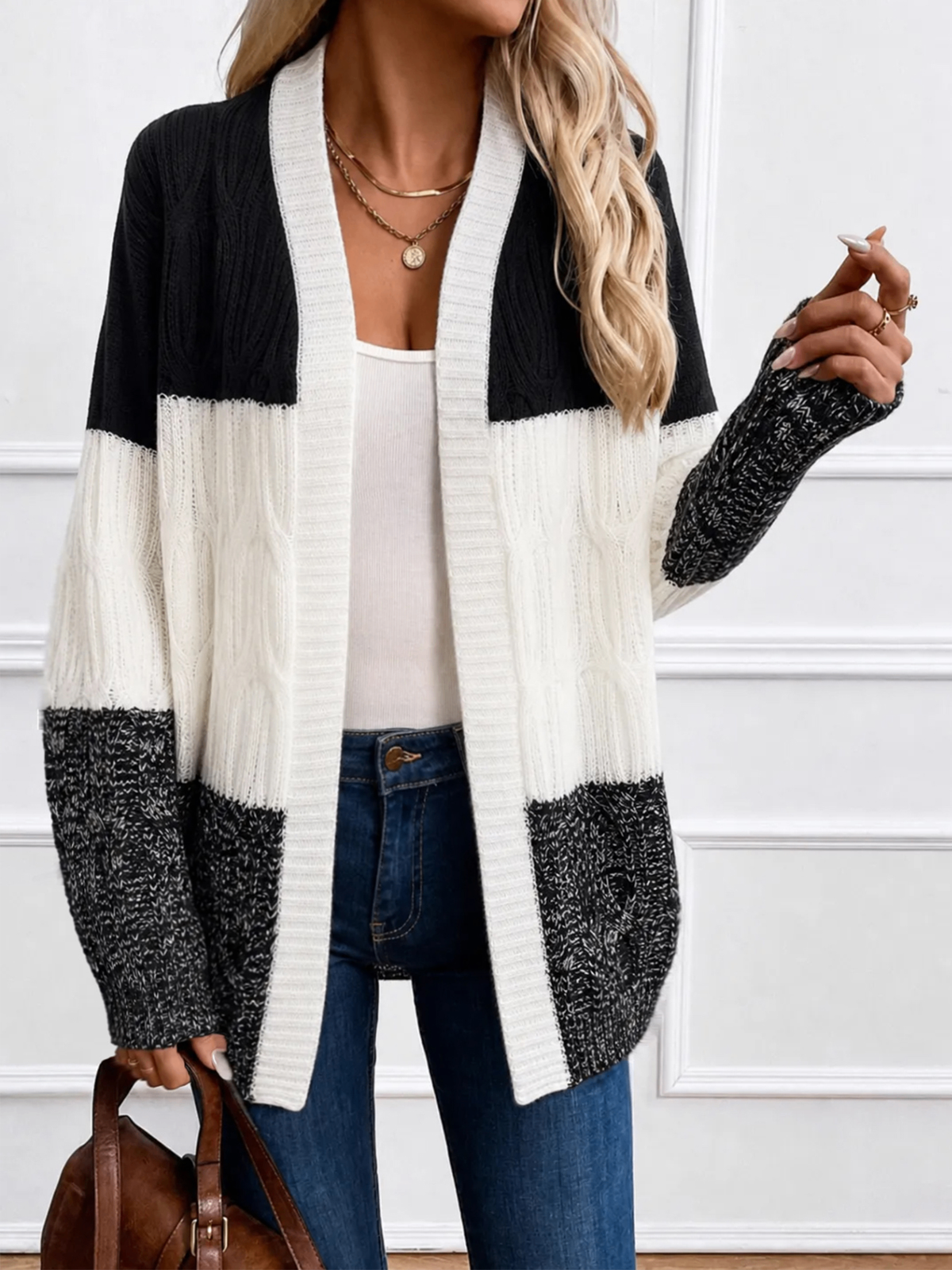 Oversized Color Block Cable Knit Cardigan Women Drop Shoulder Long Sleeve Outerwear