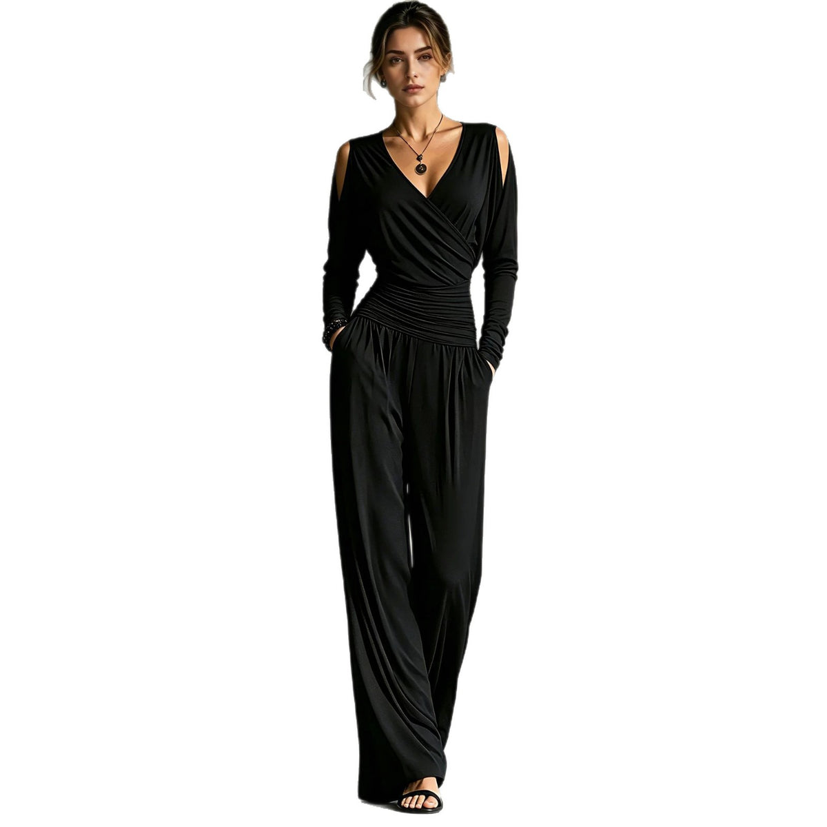 Long-sleeve Waist-cinched Pleated Casual Jumpsuit