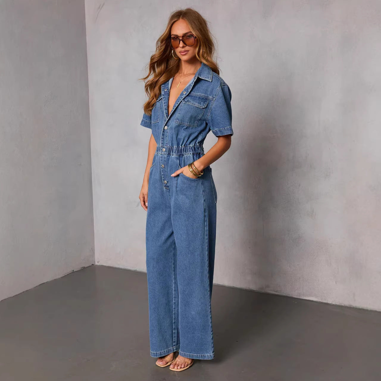 Casual Loose Straight-Leg Denim Jumpsuit