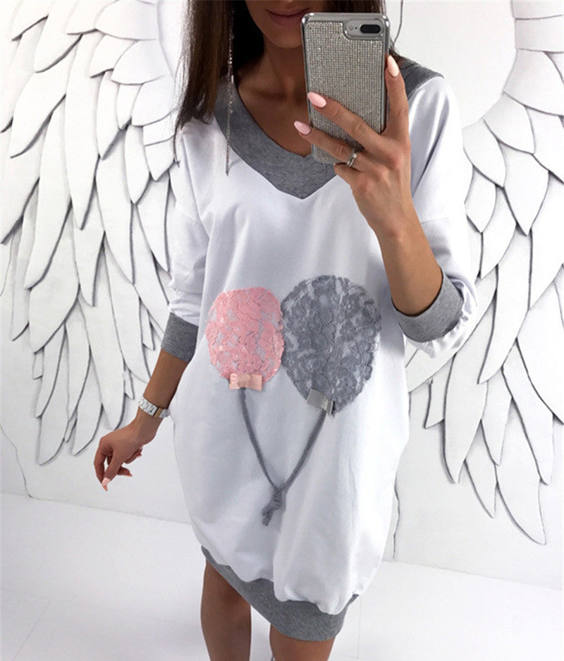 Women's V-neck Color-block Loose Lace Printed Mid-length Long Sleeve Sweater