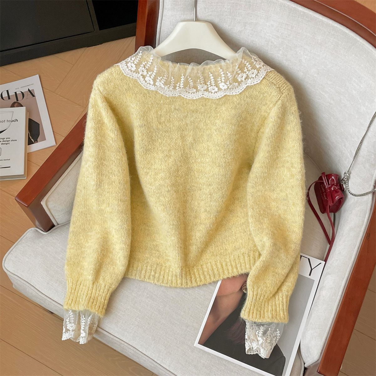 Yellow Lace-patched Soft and Delicate Knit Top