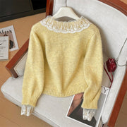 Yellow Lace-patched Soft and Delicate Knit Top