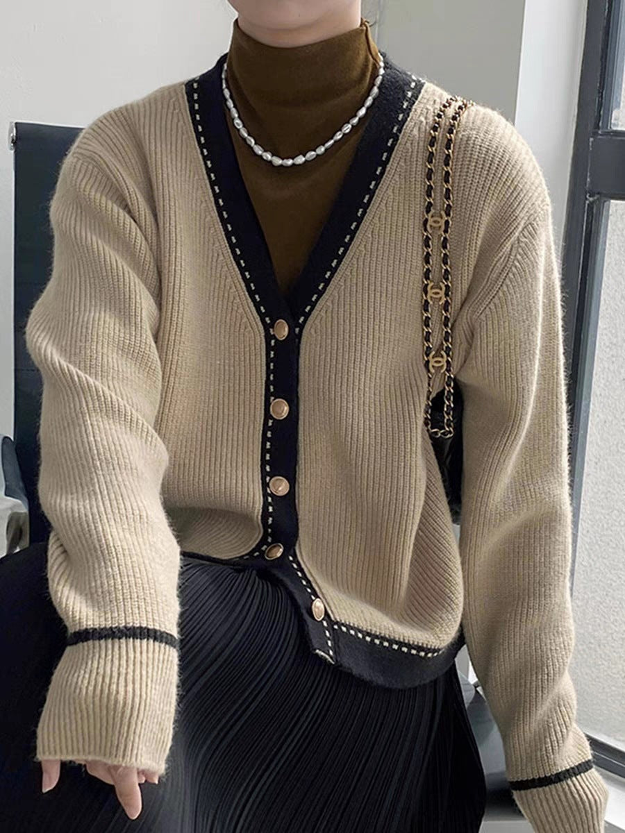 Korean Style Gentle and Comfortable Loose Large V-neck Slimming Bedford Cord Sweater