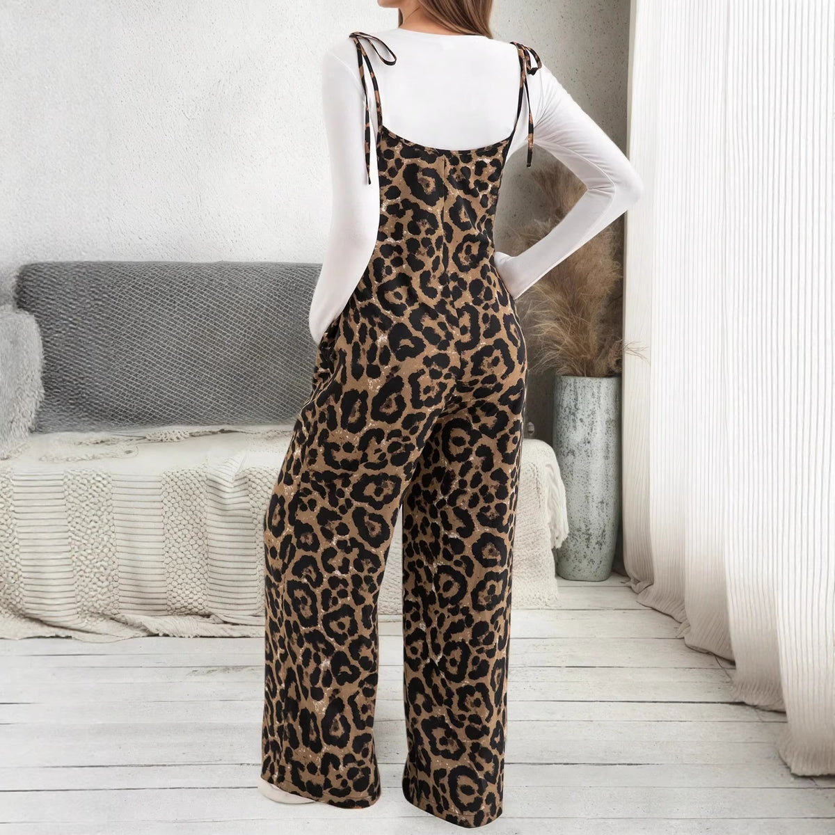 Adjustable Wide-Leg Jumpsuit Casual Leopard Romper