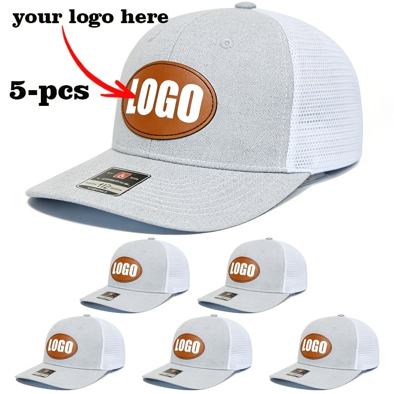 Set of 5 Tan Mesh Baseball Caps with Oval Logo – Snap‑Back Adjustable, 100% Polyester