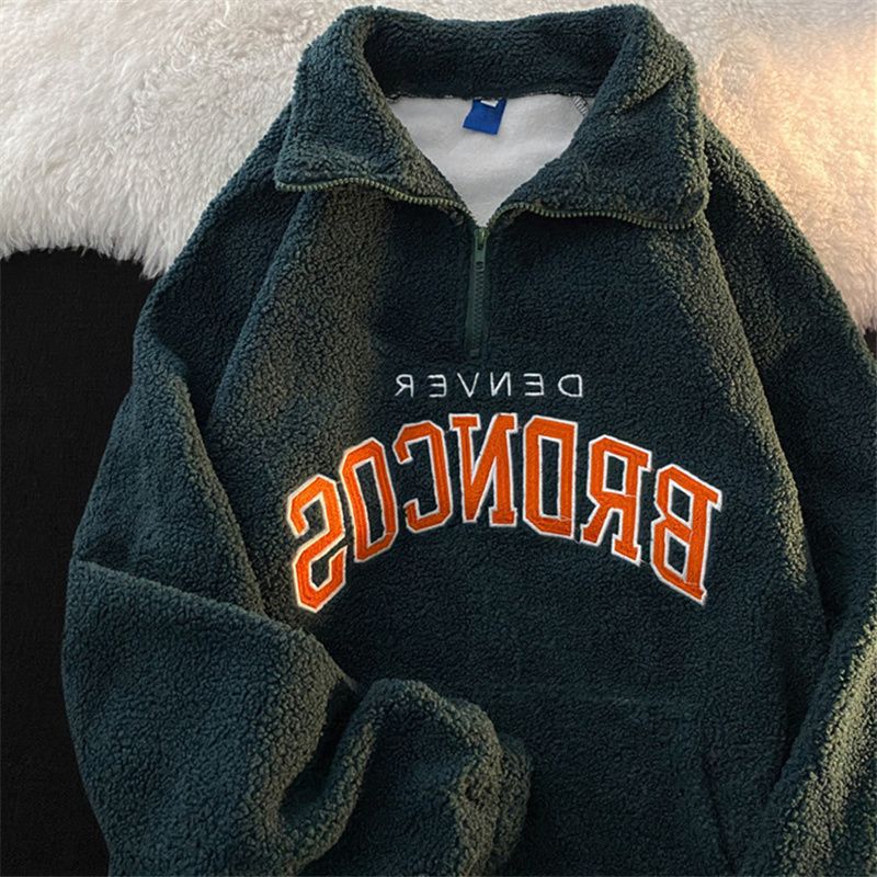 Cozy Retro Half-Zip Lambswool Hoodie with Embroidery