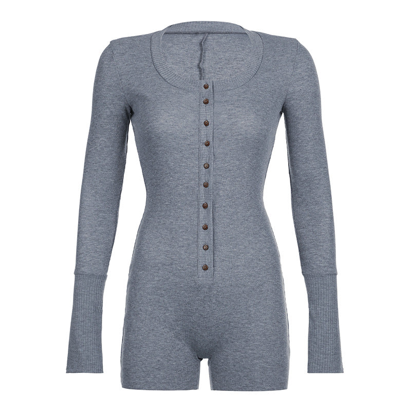 Ribbed Knit Long Sleeve Romper Shorts