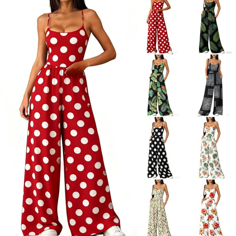 Women's Backless Strappy Printed Wide-Leg Jumpsuit