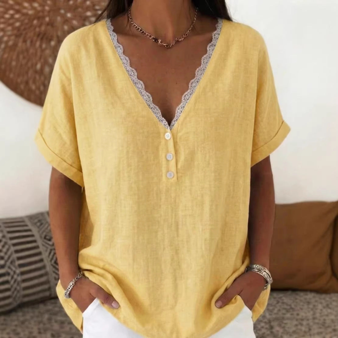 Fashionable Casual Solid-color Lace-trimmed Collar Short Sleeves