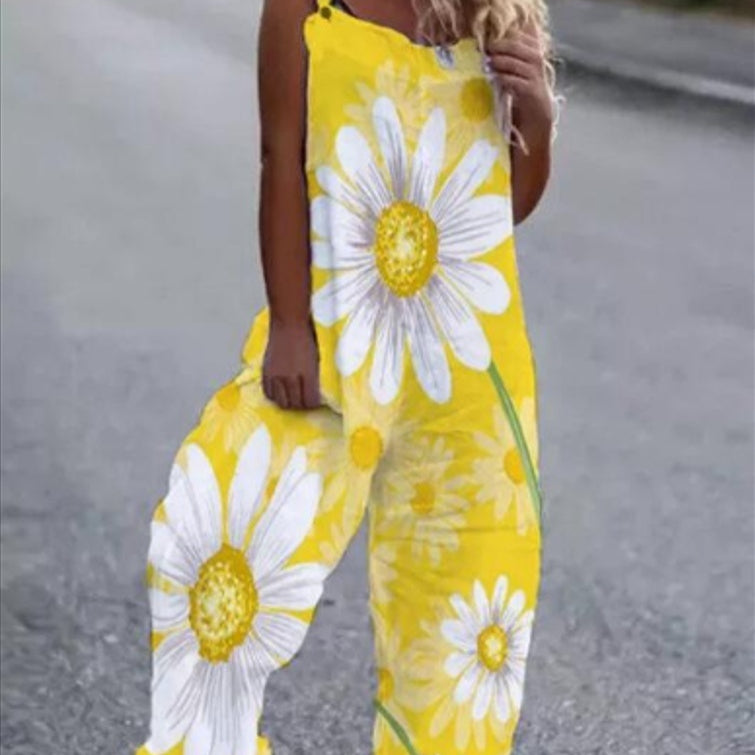 Printed Casual Beach Jumpsuit with Suspenders