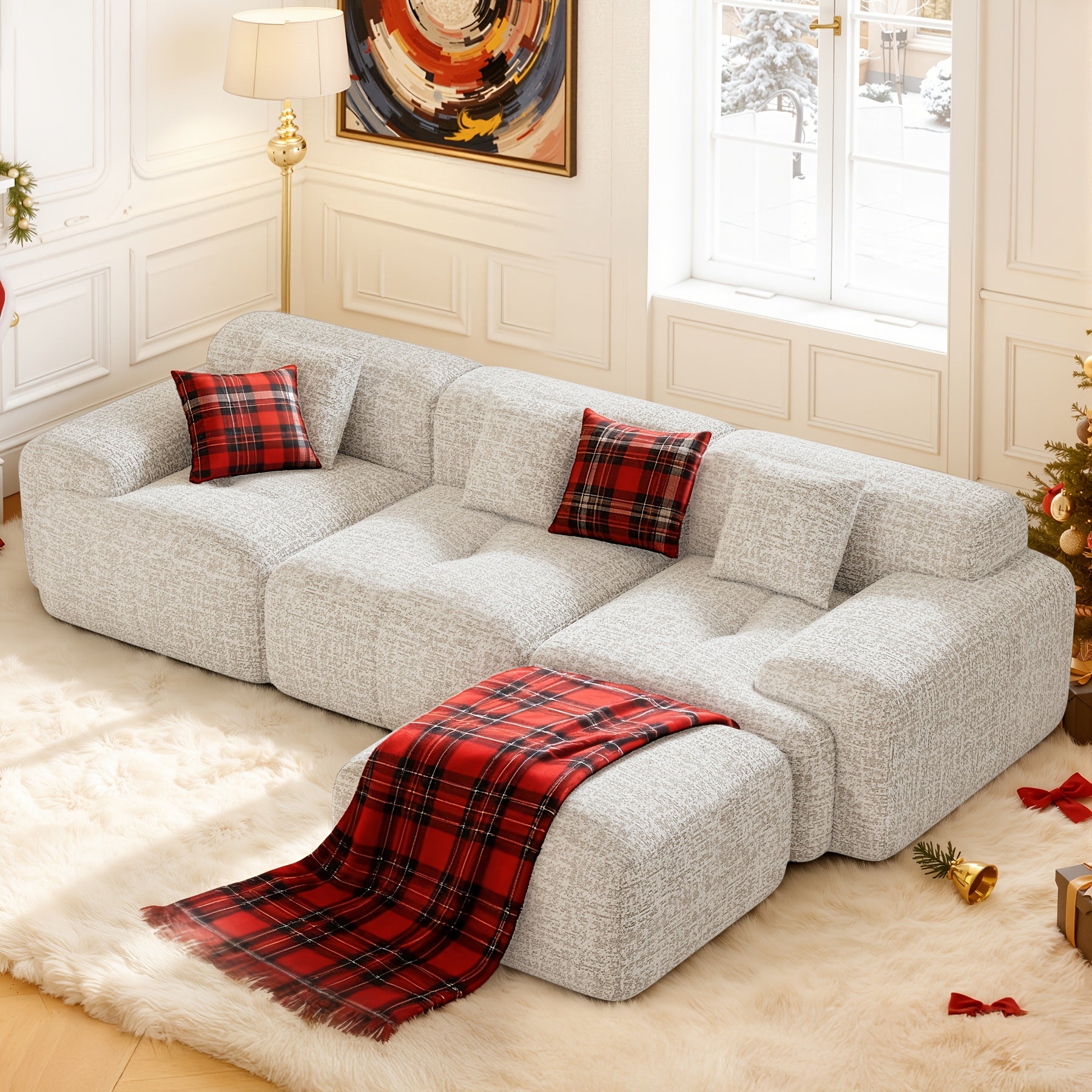 Modular L-shaped chaise longue sofa bed with deep seat and corduroy upholstery