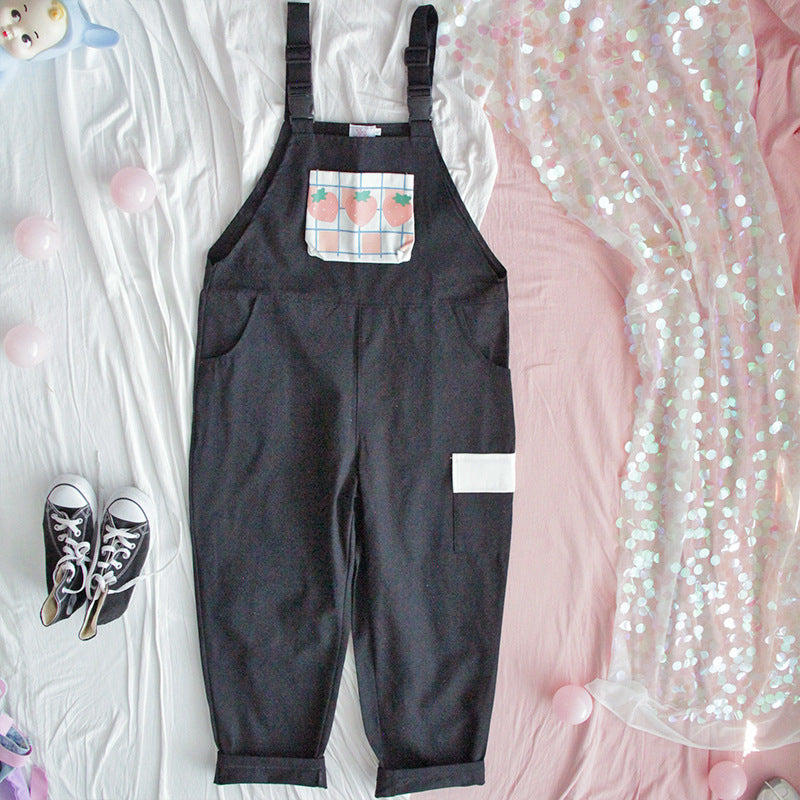 Girly Japanese small cream strawberry high waist jumpsuit
