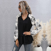 Loose-Fit Patchwork V-Neck Long Sleeve Top – Floral Black Design