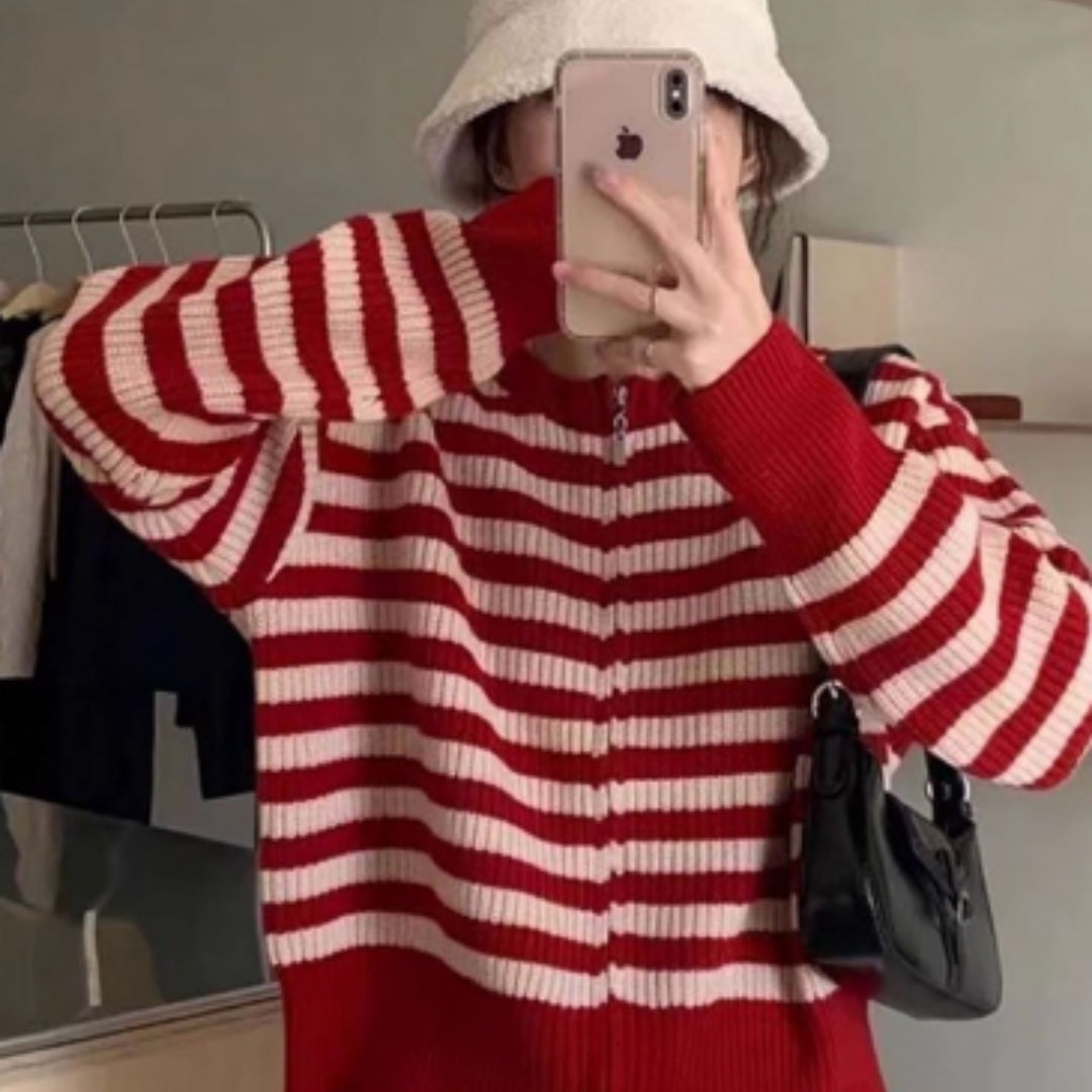 Women's Spring and Autumn Short Striped Knitted Bottoming Sweater
