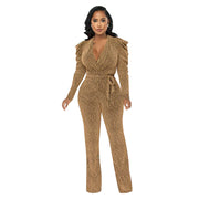 Glossy V-Neck Puff Sleeve Waist-Trimming Jumpsuit