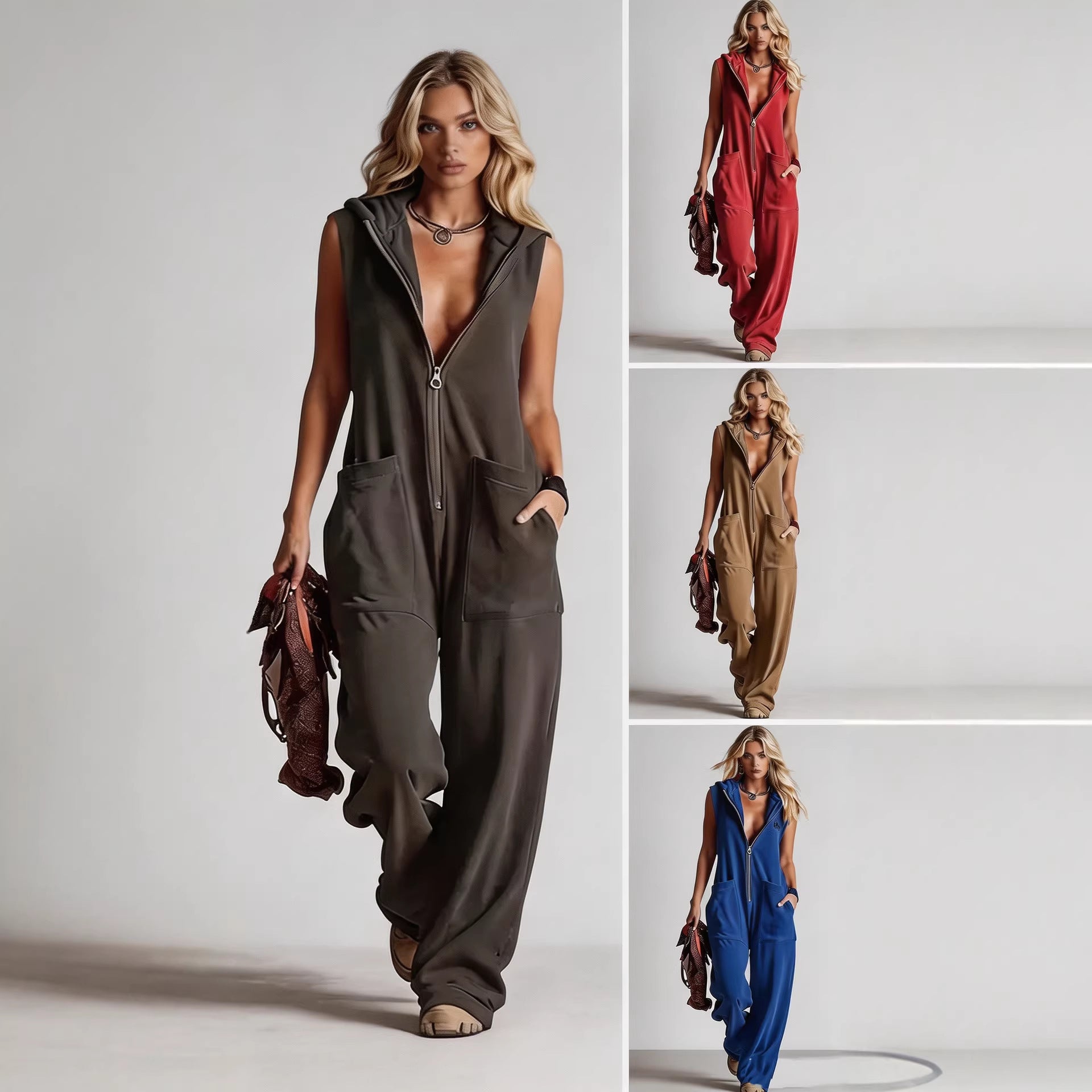 Women's Retro Hooded Zip-Up Casual Jumpsuit