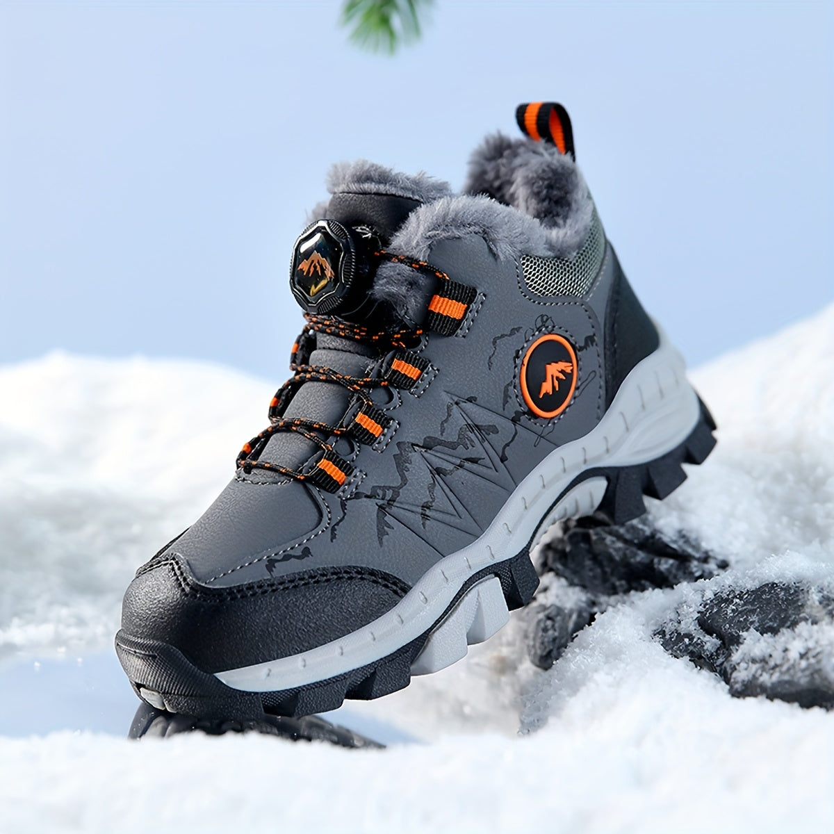 Low‑Top Cartoon Mountain Print Snow Boots for Boys – Warm Thick Winter Shoes