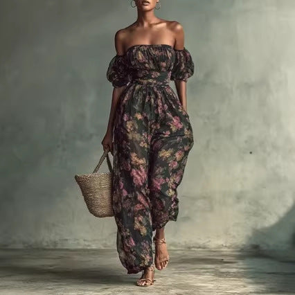 Floral Ruched Puff Sleeve Jumpsuit