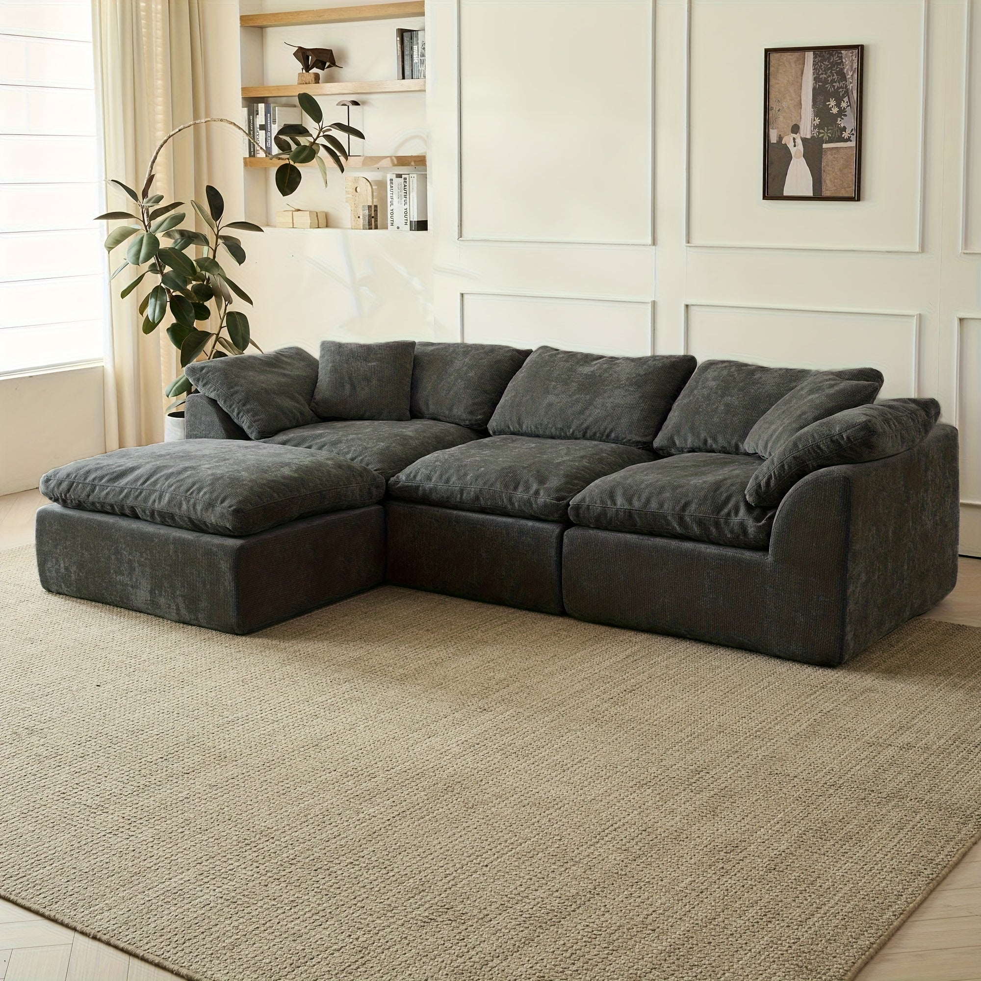 Modular L-shaped chaise longue sofa bed with deep seat and corduroy upholstery