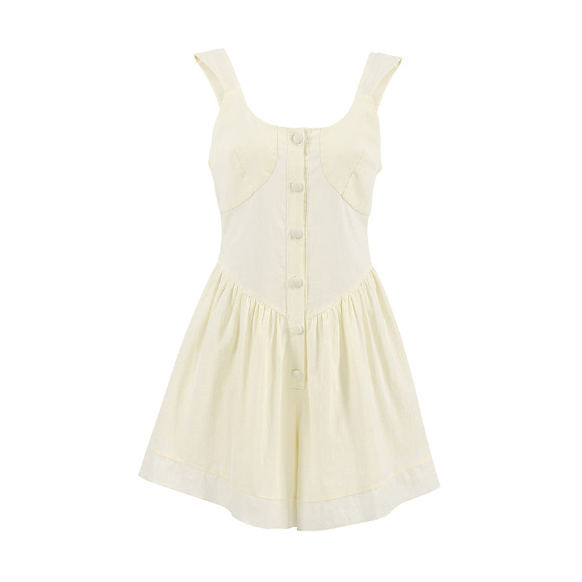 Khaki Cotton Linen Wide Leg Sleeveless Jumpsuit