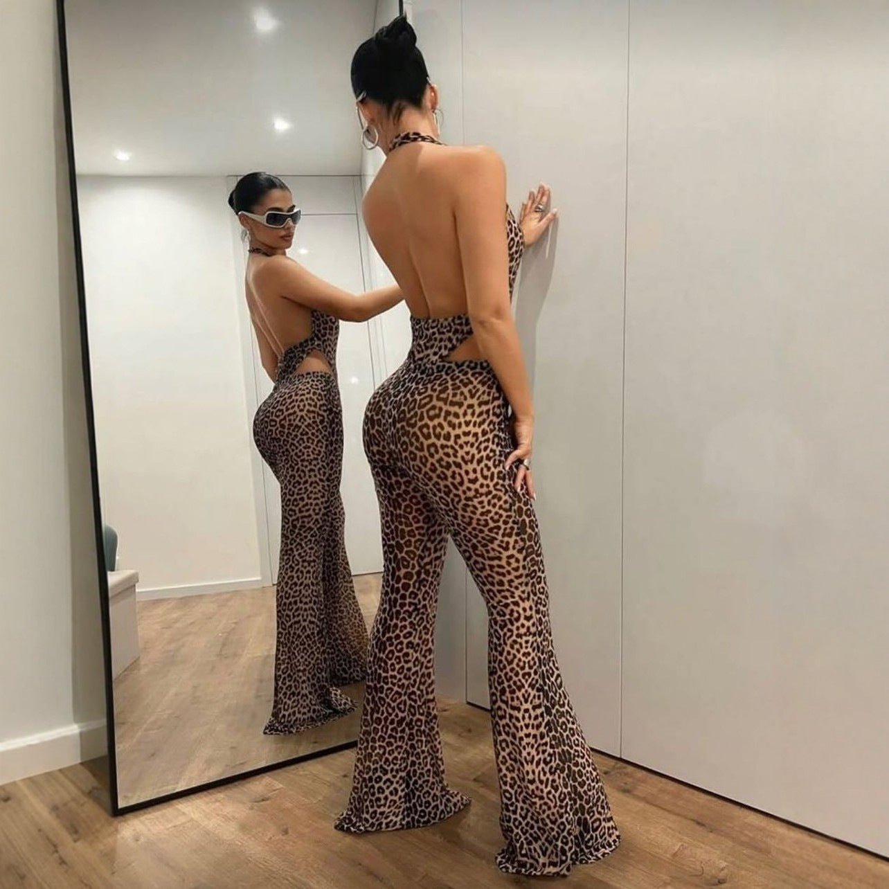 INS Leopard-Print Bodycon Sexy Backless Halter Deep-V Top With Flared Jumpsuit Pants