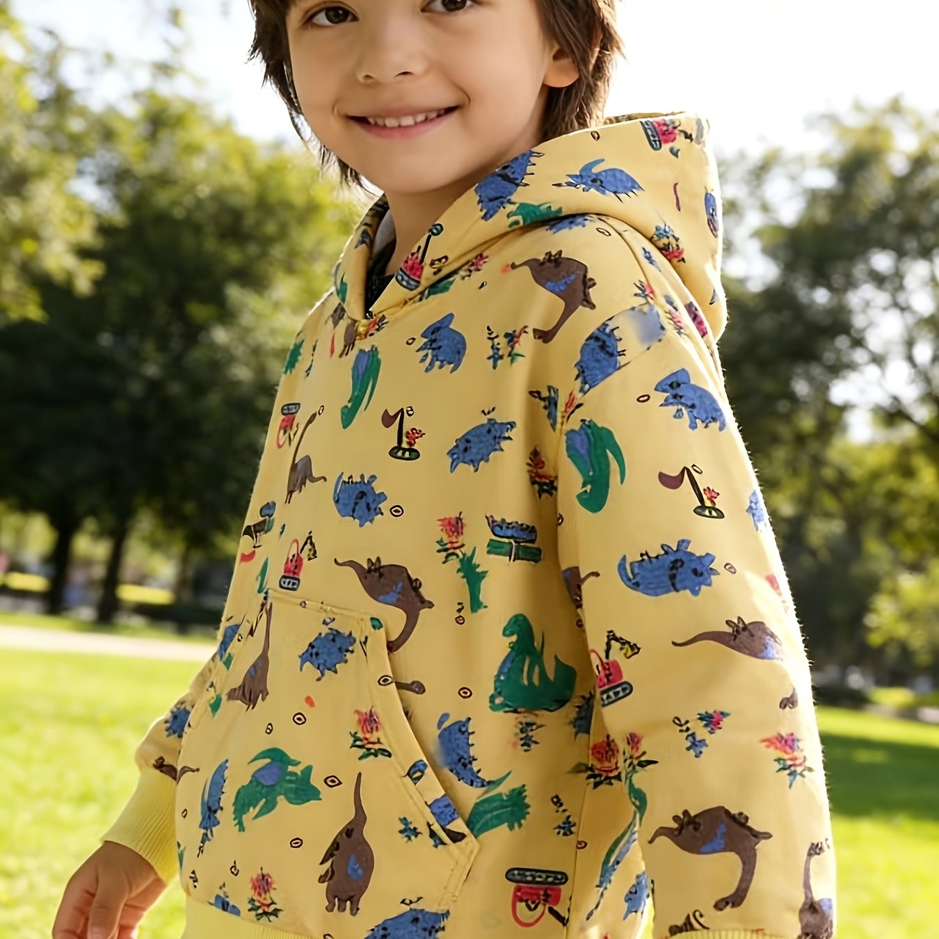 Cartoon Dinosaur Print Hooded Long‑Sleeve Sweatshirt for Boys – Loose Fit, Autumn