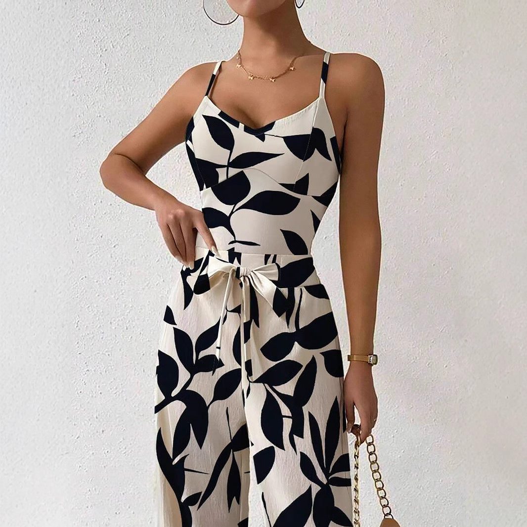 Chic Floral Print Sleeveless Jumpsuit with Belt