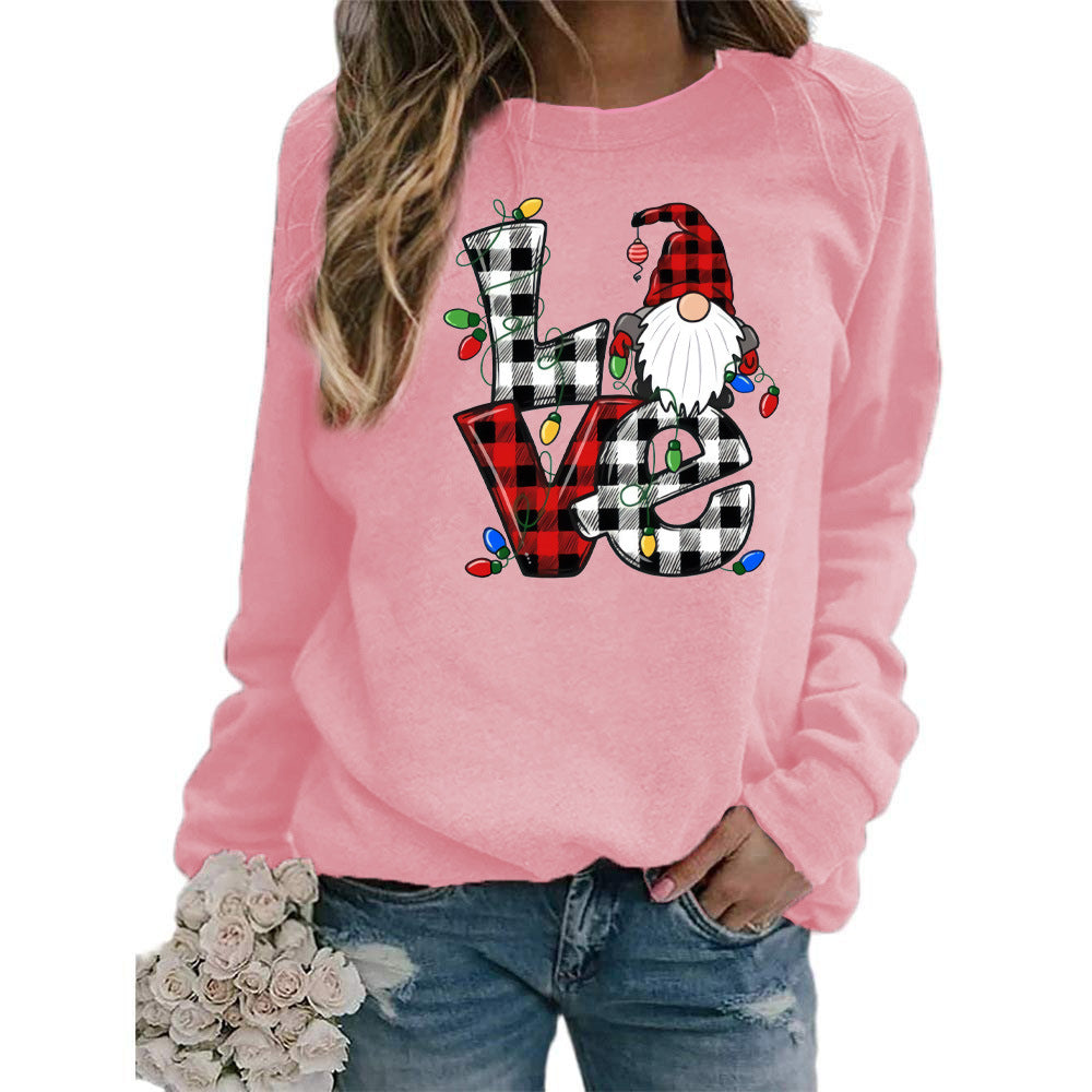 European And American Santa Claus Plaid Love Printed Round Neck Long Sleeve Sweater Coat Ladies