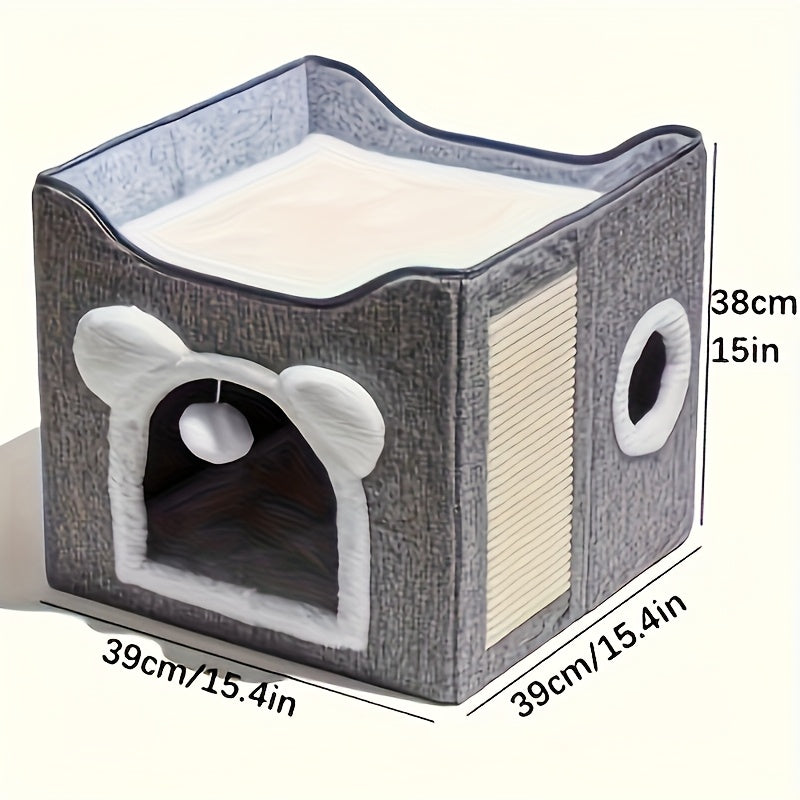 16-inch Opulent Multi-tiered Feline Abode, Feline Dwelling, Play Tunnel, Cat Retreat, And Comfy Mat - Snug Indoor Cat Cube Bed Featuring A Plush Dangling Ball, Nylon Structure, Canvas Fabric,