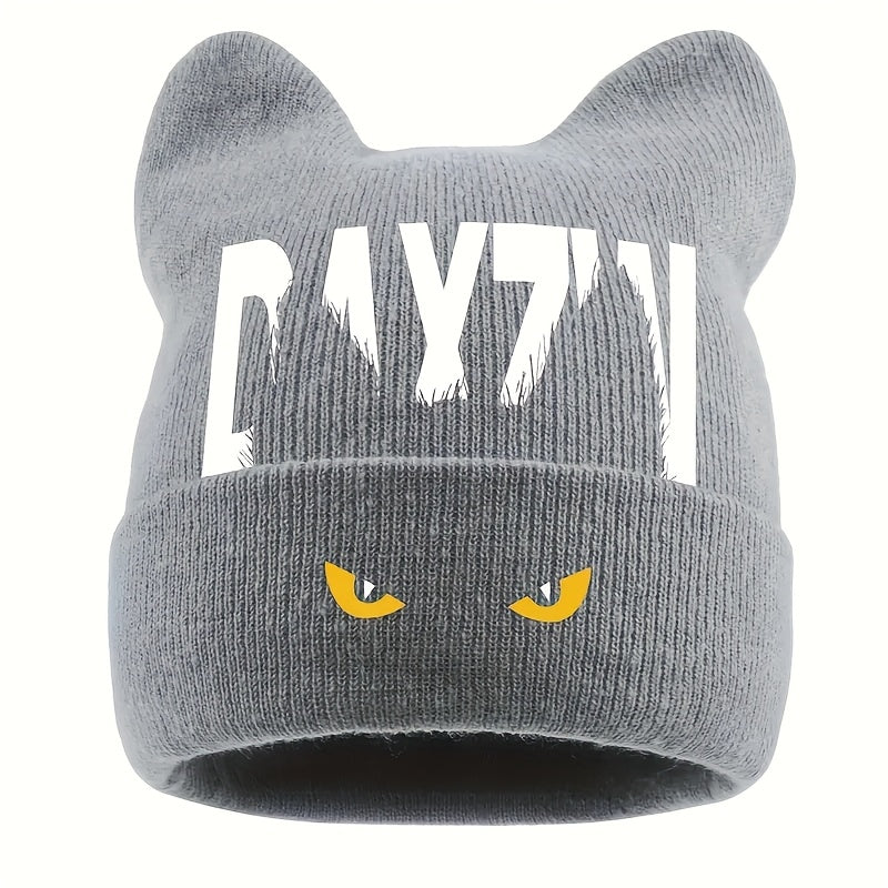 Unisex Warm Windproof Brimless Hat with Monster Eye Print and Bunny Ears, Cold-Weather Outdoor
