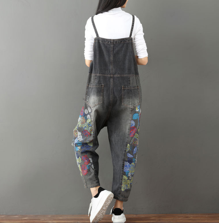 Plus Size Denim Overalls with Unique Print and Bib