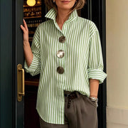 Women's Lapel-Neck Casual Loose-Fit Green Striped Shirt